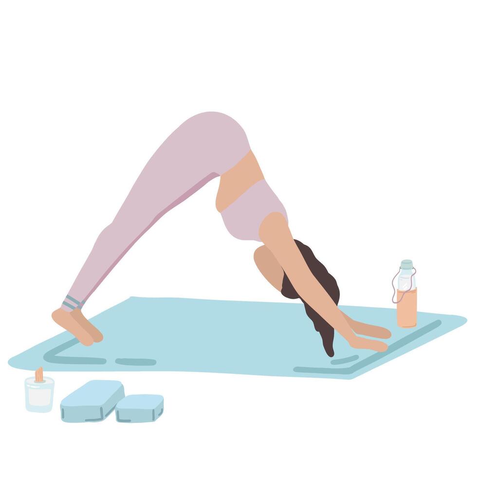Yoga assana pose flat design mat meditation bottle vector