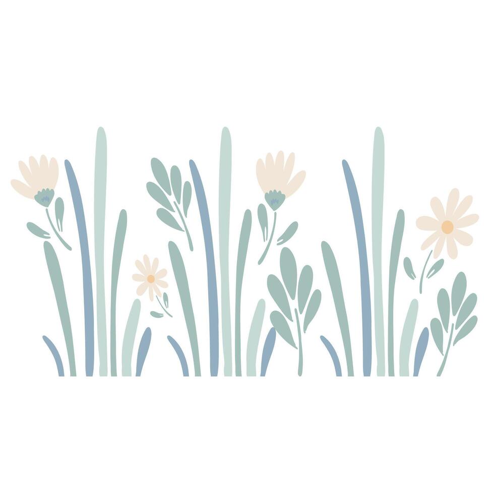 Grass and flowers silhouette flat design green and blue light colours vector