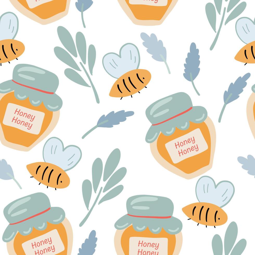 Honey bee flowers seamless pattern flat design vector