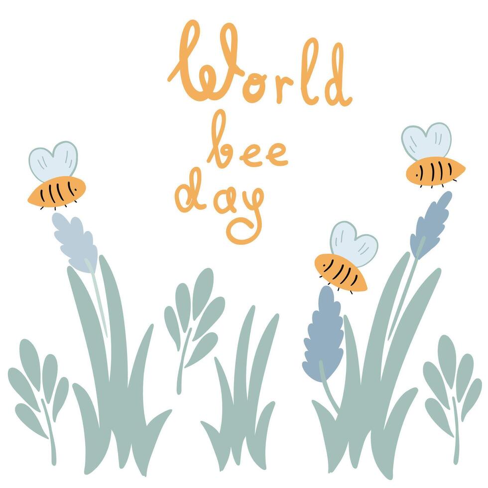 World bee day 20 May flat design bess and flowers poster on white background vector