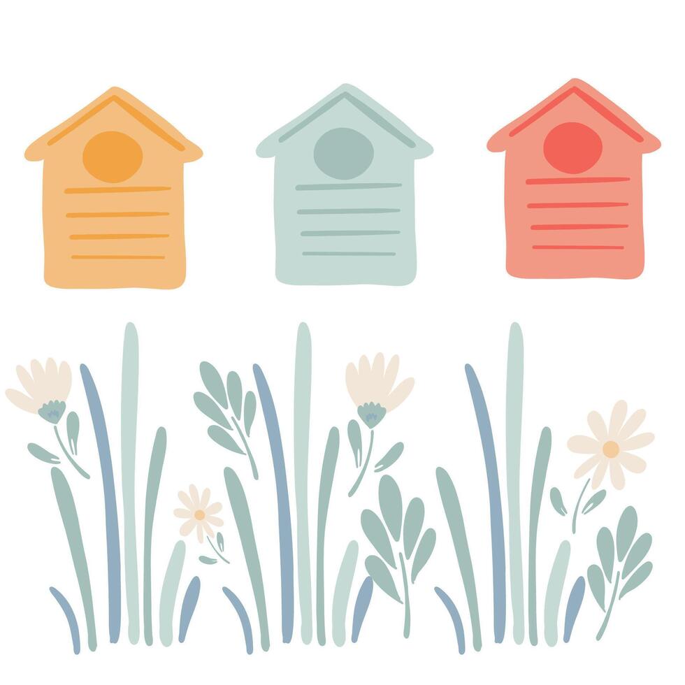 Hives bees homes flat design with camomile and grass vector