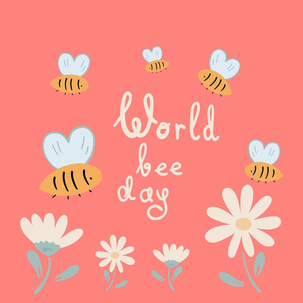 World bee day bees insect flowers flat design poster vector