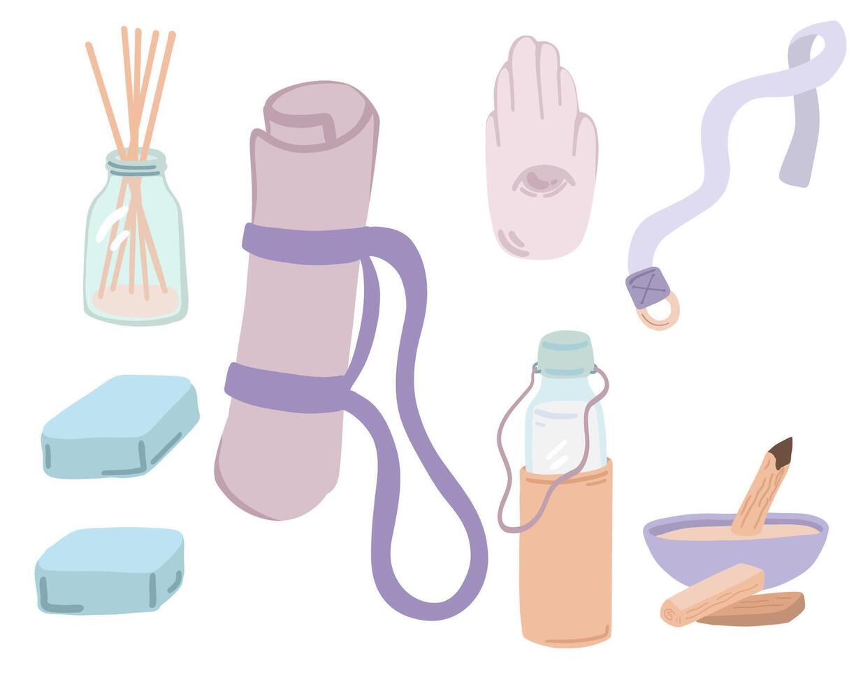 Yoga equipment flat design set with aroma oil bottle mat and namaste vector