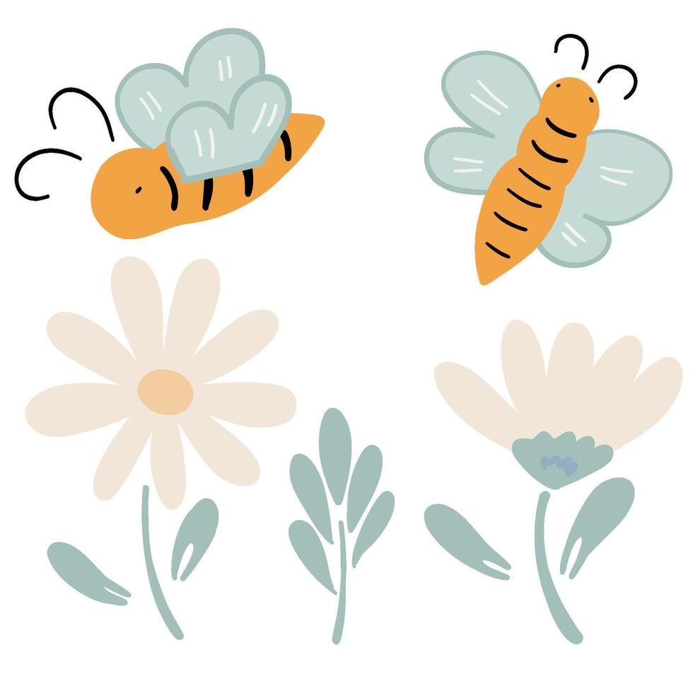 Bees with camomile flat design set on white background vector