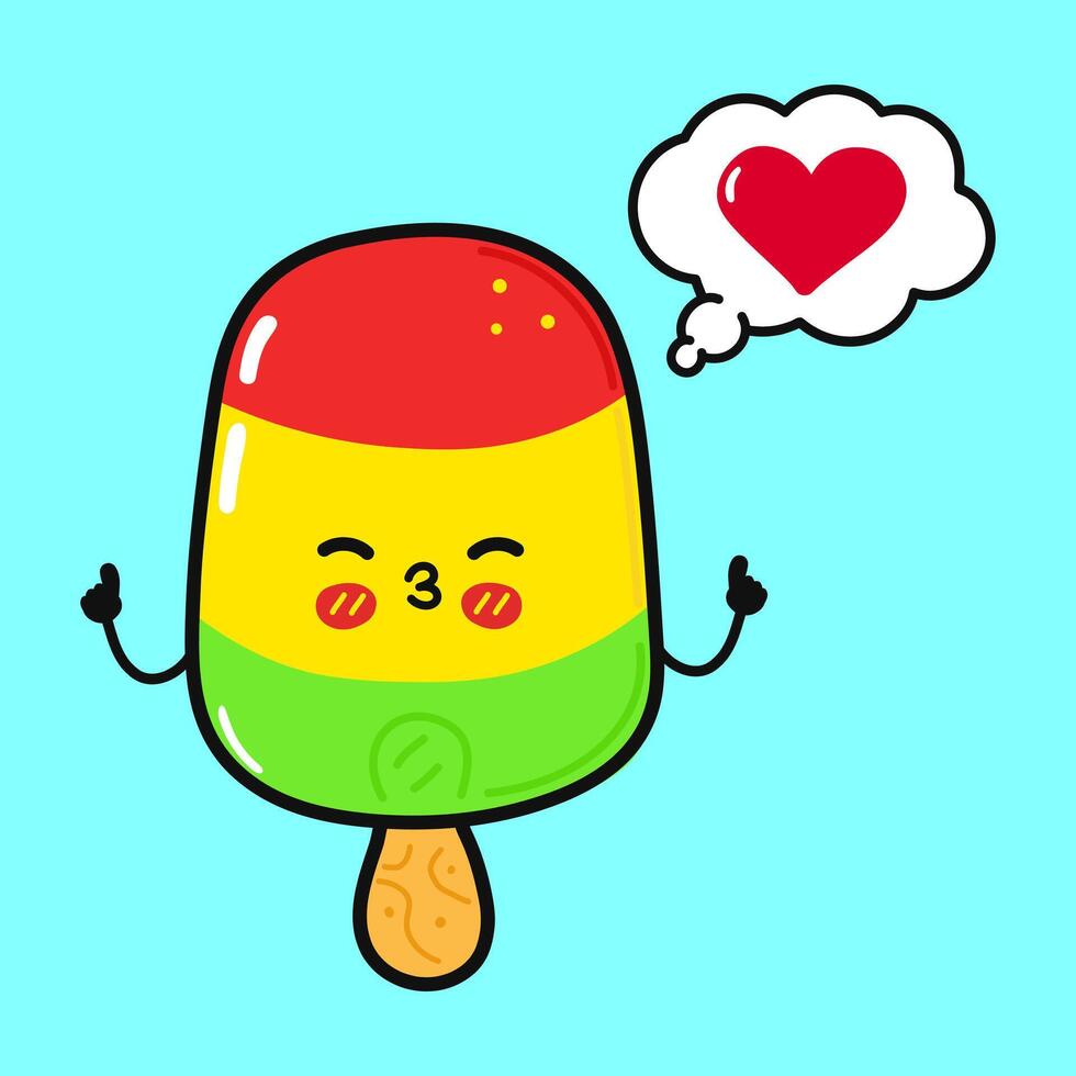 Ice cream doing yoga with speech bubble. Vector hand drawn cartoon kawaii character illustration icon. Isolated on blue background. Ice cream in love character concept