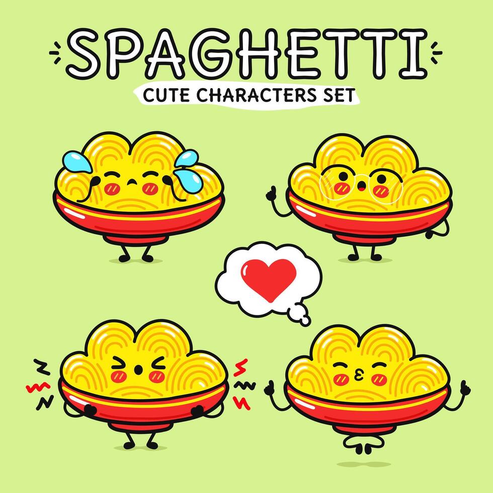 gracioso plato de espaguetis caracteres haz colocar. vector mano dibujado garabatear estilo dibujos animados personaje ilustración icono diseño. aislado en verde antecedentes. plato de espaguetis mascota personaje colección