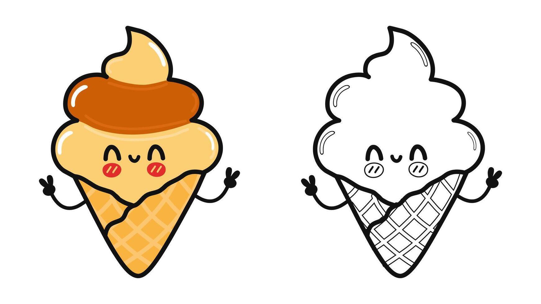 Funny cute happy Ice cream characters bundle set. Vector hand drawn cartoon kawaii character illustration icon. Cute Ice cream. Outline cartoon illustration for coloring book