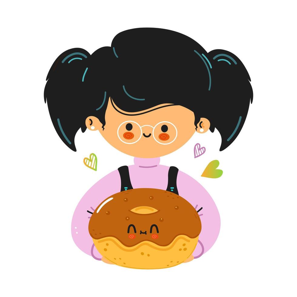 joven linda chica divertida sostenga donut en la mano. chica abraza donut lindo. diseño de icono de ilustración de personaje de dibujos animados de estilo de fideos dibujado a mano vectorial. aislado sobre fondo blanco vector