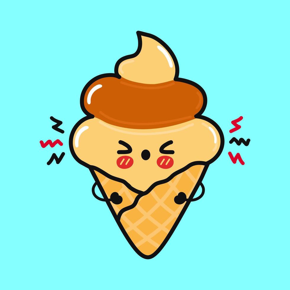 Angry Ice cream character. Vector hand drawn cartoon kawaii character illustration icon. Isolated on blue background. Sad Ice cream character concept