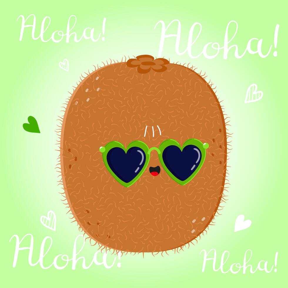 Cute funny Kiwi fruit character. Vector hand drawn cartoon kawaii character illustration icon. Isolated on green background. Kiwi fruit character concept. Aloha card