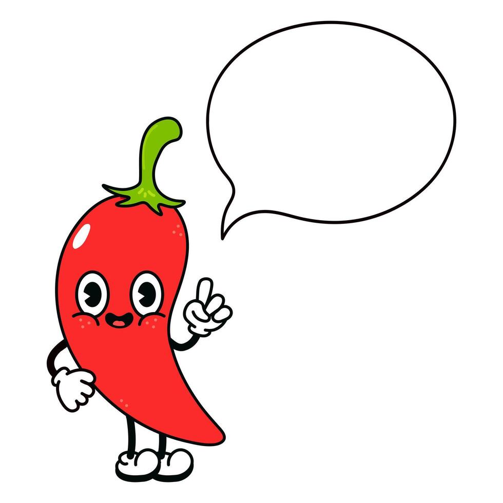 Chili pepper with speech bubble character. Vector hand drawn traditional cartoon vintage, retro, kawaii character illustration icon. Isolated white background. Chili pepper character