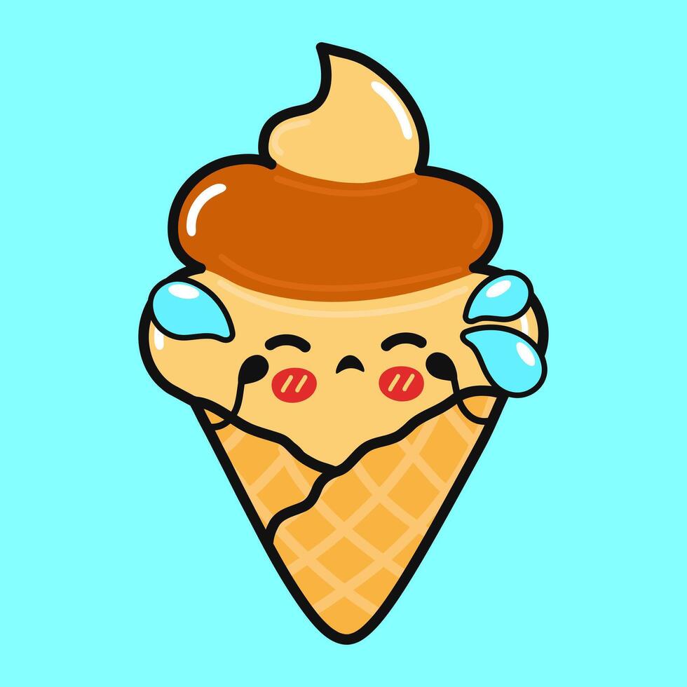 Crying Ice cream character. Vector hand drawn cartoon kawaii character illustration icon. Isolated on blue background. Sad Ice cream character concept