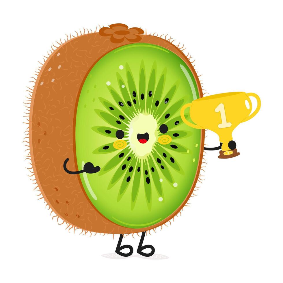 Cute funny Kiwi fruit hold gold trophy cup. Vector hand drawn cartoon kawaii character illustration icon. Isolated on white background. Kiwi fruit with winner trophy cup