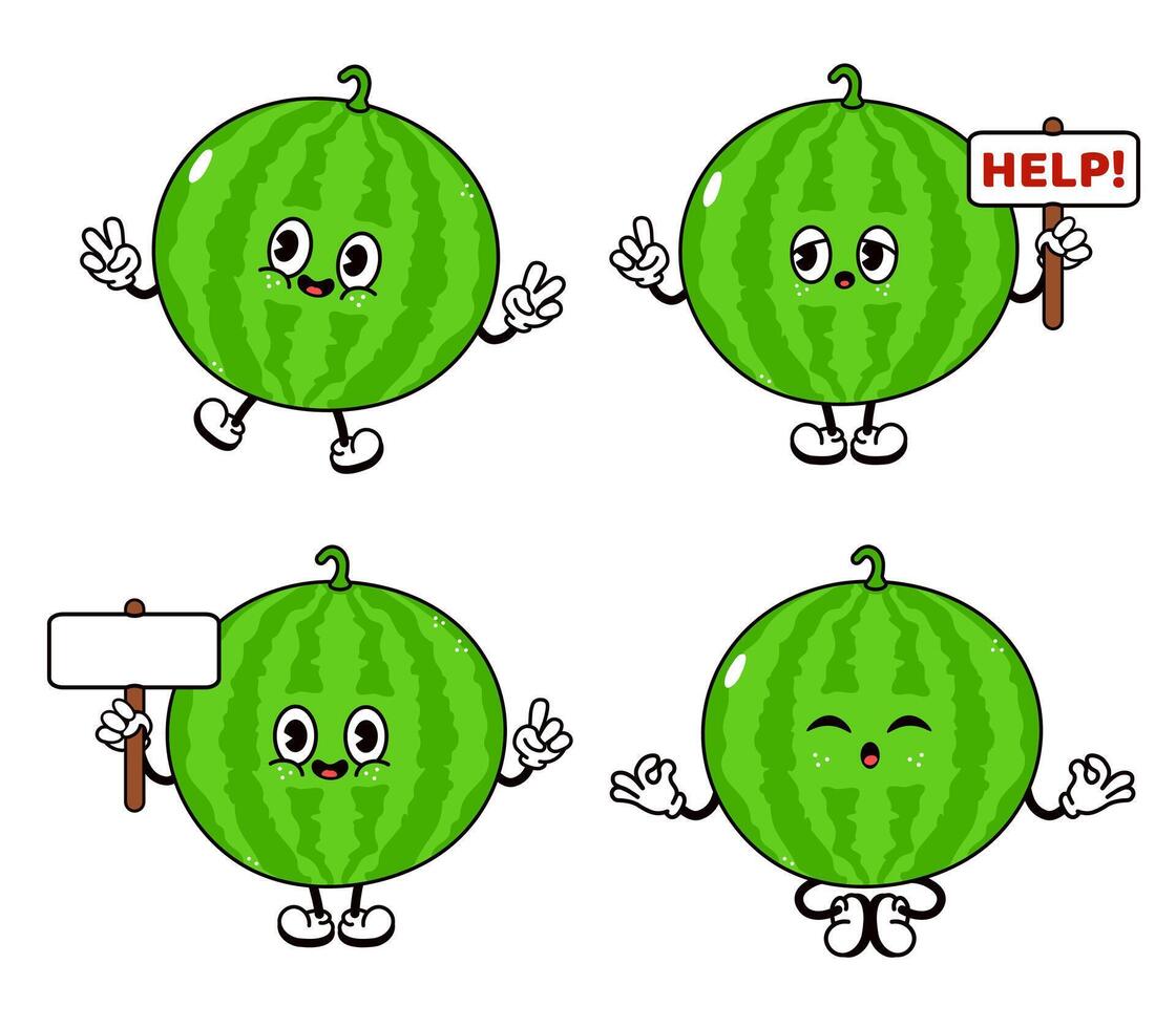 Funny cute Watermelon characters bundle set. Vector hand drawn doodle style traditional cartoon vintage, retro character illustration icon design. Isolated white background. Happy Watermelon