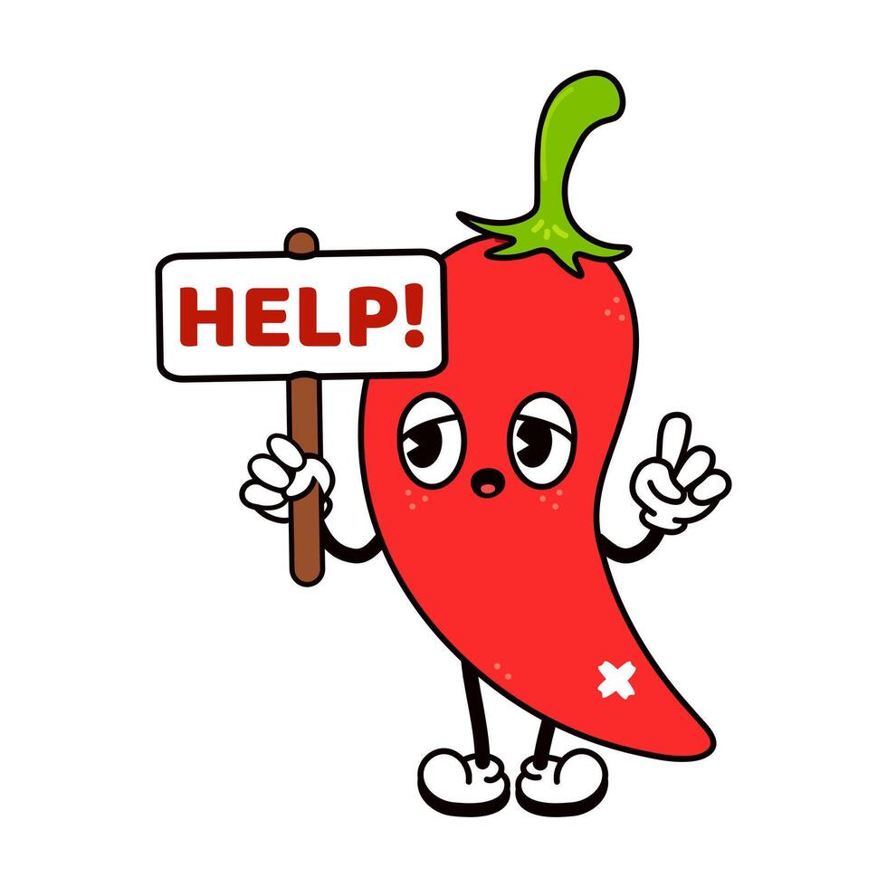 Cute funny Chili pepper with an inscription help character. Vector hand drawn traditional cartoon vintage, retro, kawaii character illustration icon. Isolated white background. Chili pepper character