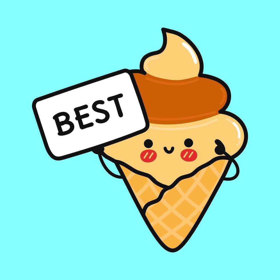 Cute Ice cream with poster best. Vector hand drawn cartoon kawaii character illustration icon. Isolated on blue background. Ice cream think concept