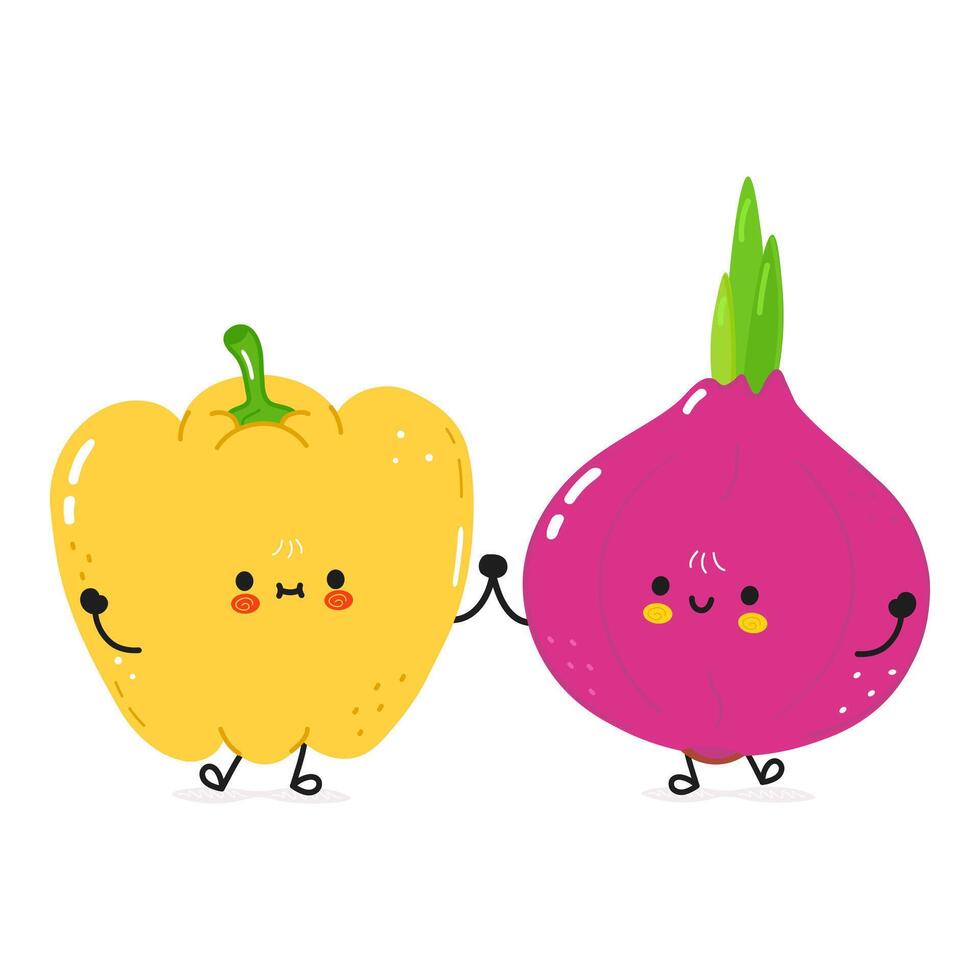 Bell pepper and onion card. Vector hand drawn doodle style cartoon character illustration icon design. Happy Bell pepper and onion friends concept card