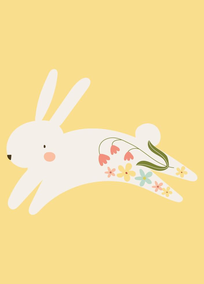 pastel spring easter bunny with flowers hand drawn cards posters background wall art vector illustration
