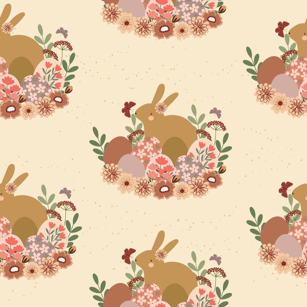 cute bunny in easter eggs and flowers bouquet hand drawn seamless pattern vector illustration for decoration invitation greeting birthday party celebration wedding card poster banner textile wallpaper