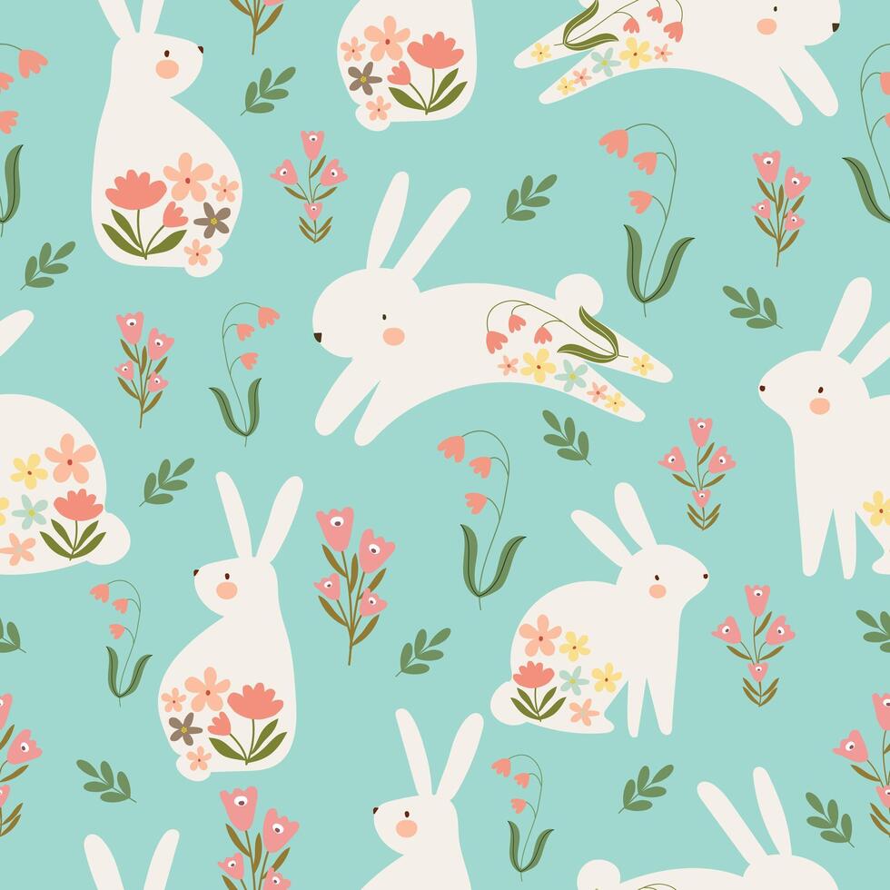 bunny hop in wild flowers garden hand drawn seamless pattern background wall paper vector illustration