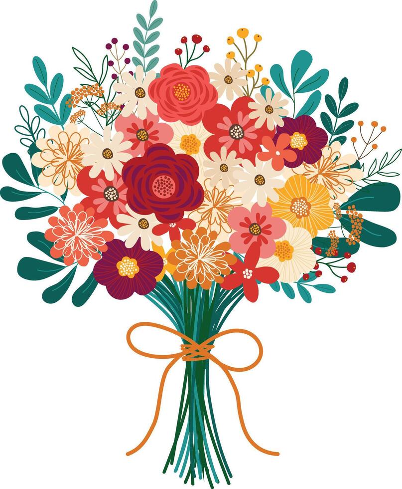 primavera salvaje flores ramo de flores mano dibujado vector ilustración elemento para decoración invitación cumpleaños fiesta saludo celebracion tarjeta antecedentes