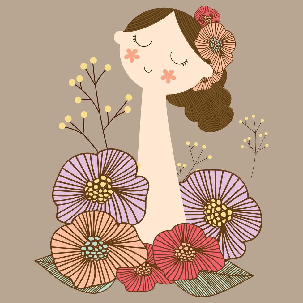 cute woman with flower floral and plant hand drawn clipart vector illustration for decoration card poster background pattern
