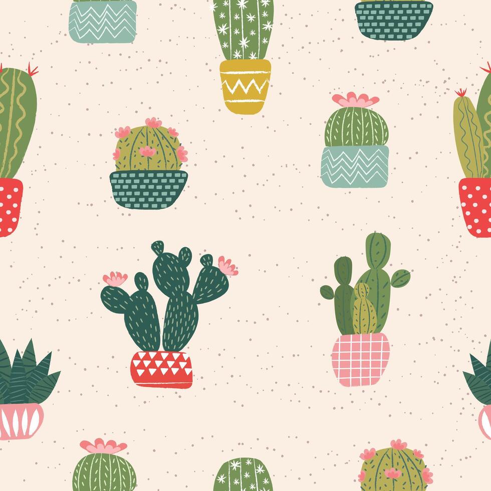 linda primavera verano cactus cactus sin costura modelo antecedentes mano dibujo vector ilustración