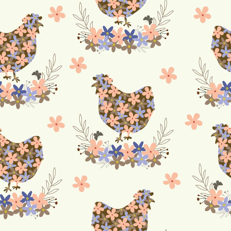 adorable flower chicken seamless pattern hand drawn vector illustration for decoration invitation greeting birthday party celebration wedding card poster banner textile wallpaper paper wrap background