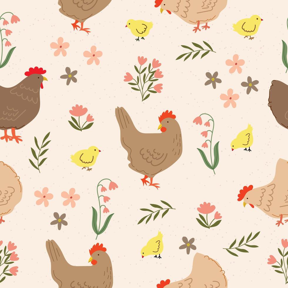 cute chicken in wild flowers garden hand drawn vector illustration for seamless repeat pattern background wall paper scrapbook paper wrap