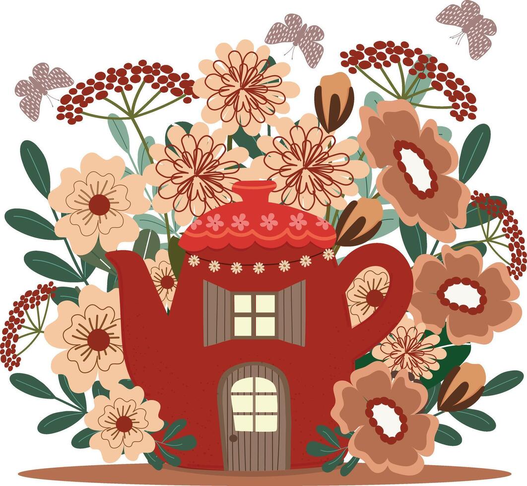 adorable hada tetera casa en flor jardín dibujado a mano vector elemento Arte para Decorar invitación saludo cumpleaños fiesta celebracion Boda tarjeta póster bandera textil fondo de pantalla papel envolver antecedentes