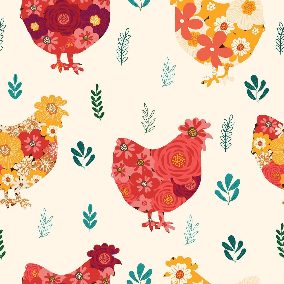 vistoso flor pollos mano dibujado sin costura modelo vector ilustración para Decorar invitación saludo cumpleaños fiesta celebracion Boda tarjeta póster bandera textil fondo de pantalla papel envolver antecedentes