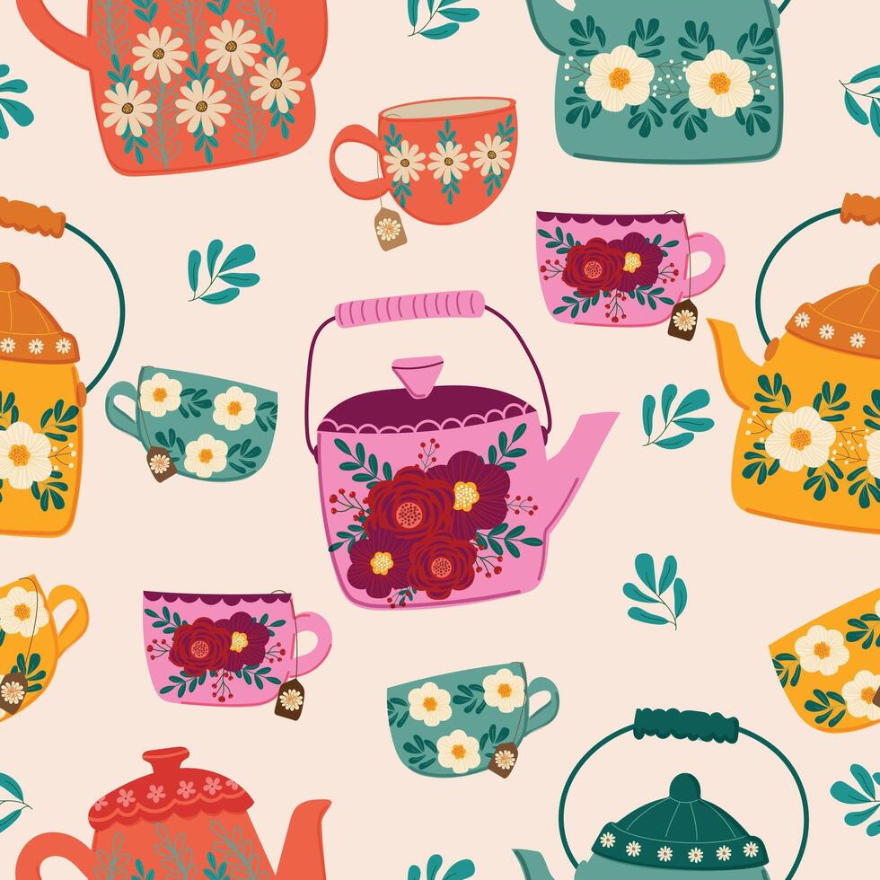 cute vintage flowers teapots and cups hand drawn seamless pattern vector for decorate invitation greeting birthday party celebration wedding card poster banner textile wallpaper paper wrap background