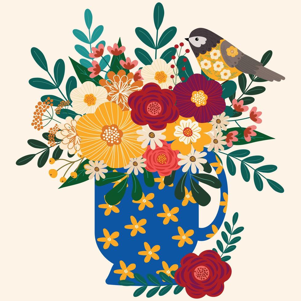 adorable pájaro en primavera salvaje flores ramo de flores en té taza mano dibujado clipart vector para invitación saludo cumpleaños fiesta celebracion Boda tarjeta póster bandera textil fondo de pantalla papel envolver antecedentes