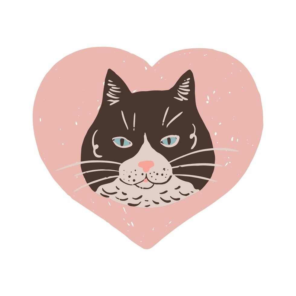 linda negro y blanco gato dibujo. de gato cabeza en un corazón. mascota amor. San Valentín día. de gato impresión para animal amantes vector