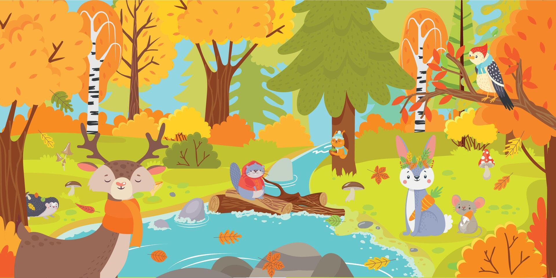 Autumn forest. Nature landscape with trees and falling leaves and wild animals as squirrel, deer, hare, mouse vector