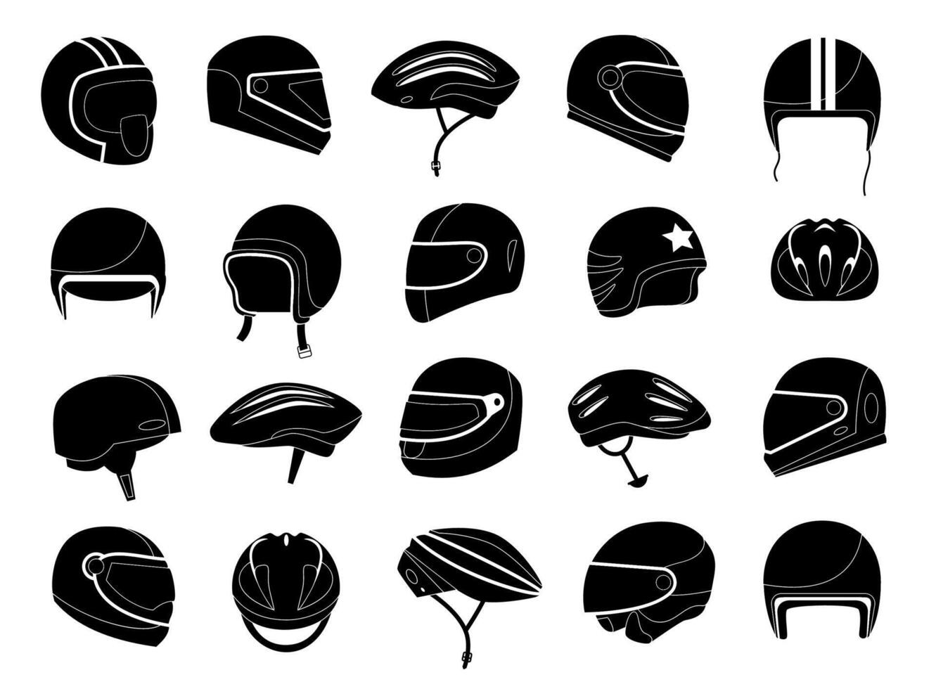 Motorcycle helmets silhouette. Monochrome racing headgear equipment for car motorbike bicycle driver, head protection for ride. Vector set