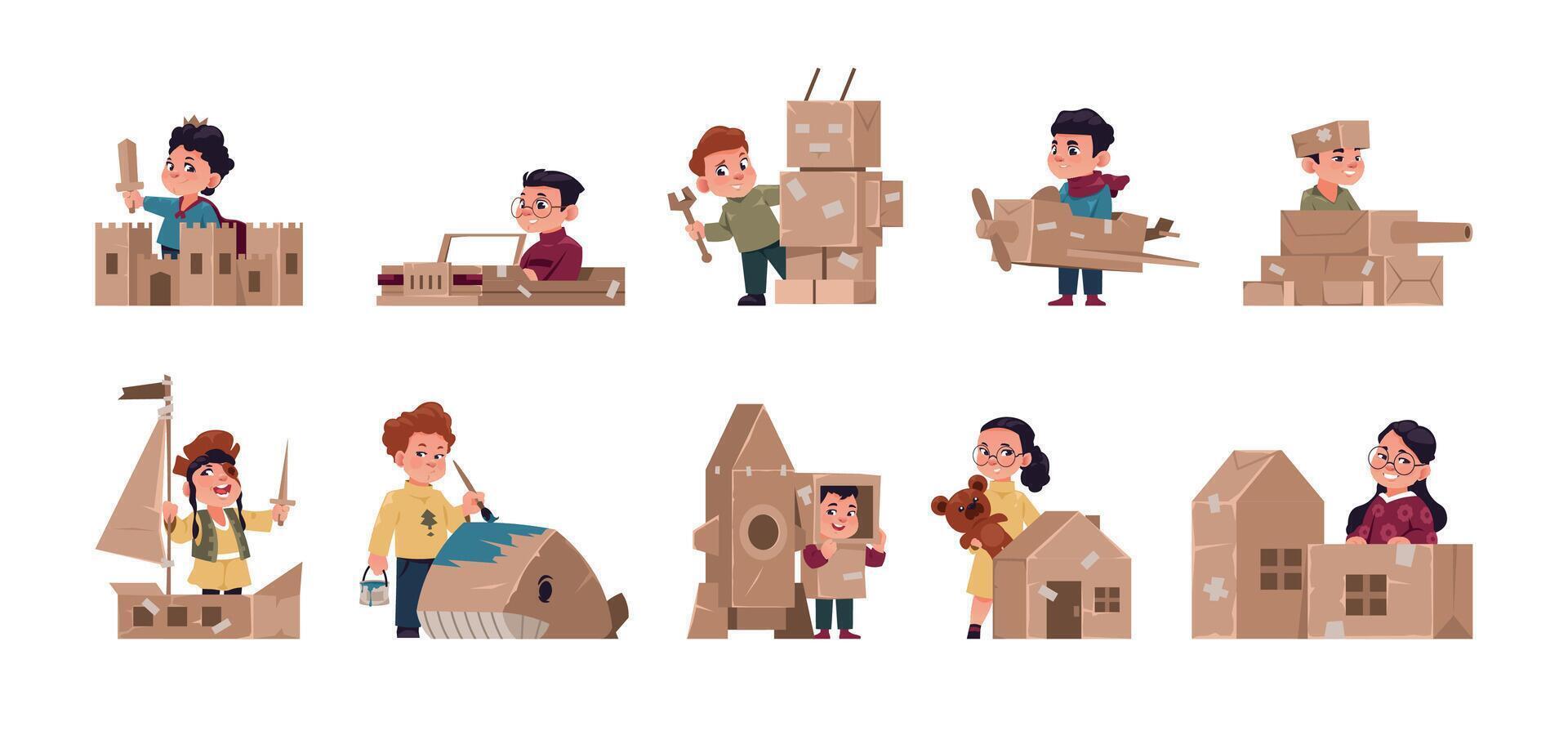 Kids playing boxes. Children building handmade cardboard toys, cute boys girls cartoon characters hobbies, happy joyful childhood. Vector isolated set