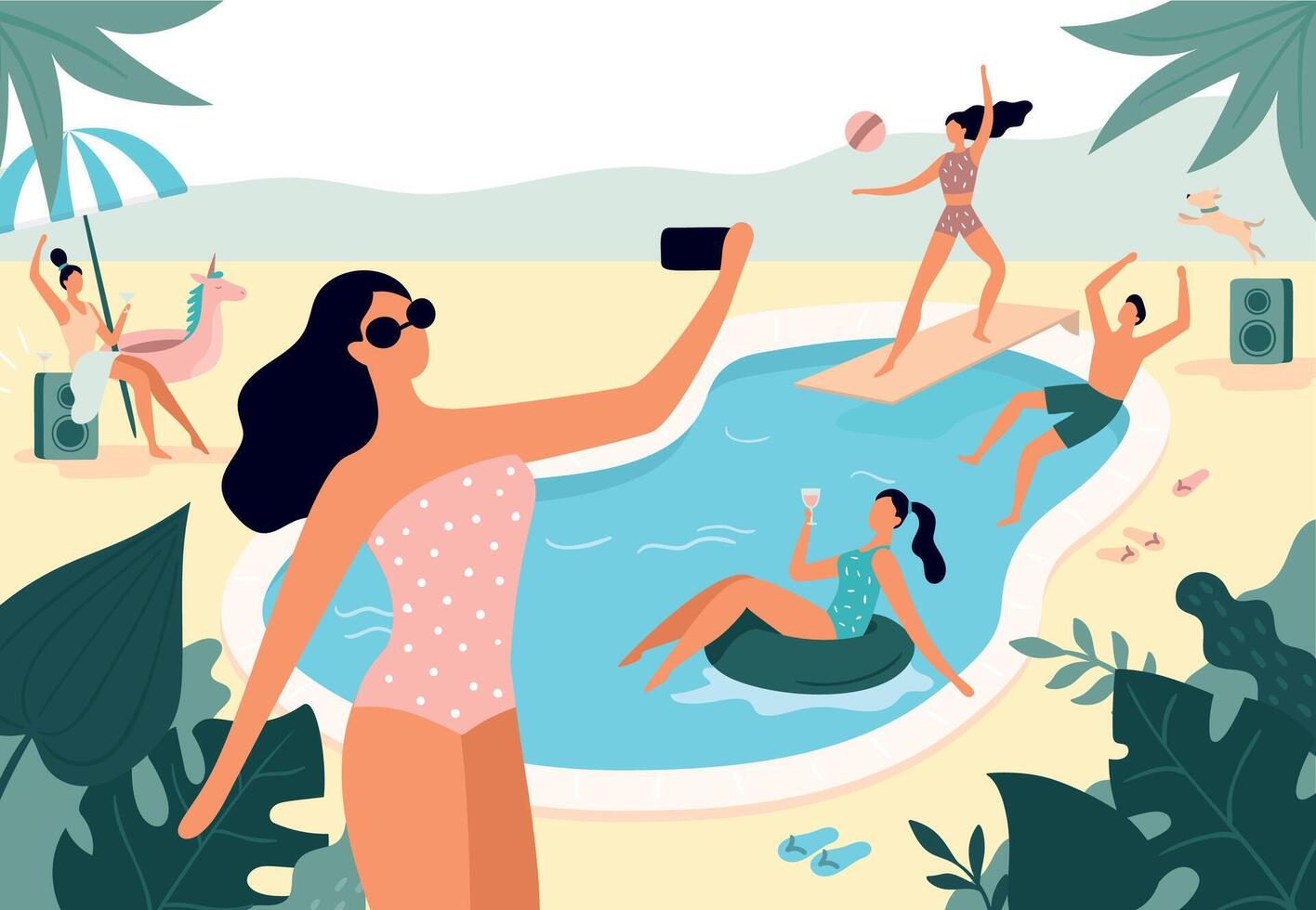 Swimming pool party. Young people spending time, playing with ball, listening to music, taking selfie photos vector