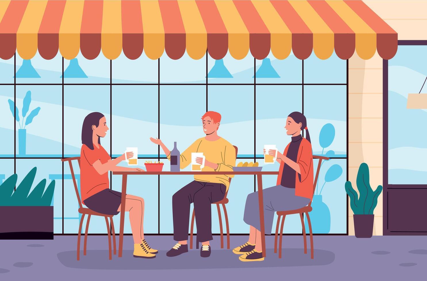 People in outdoor cafe. Man and woman sitting at table eating French fries and drinking beer. Friends communicating vector