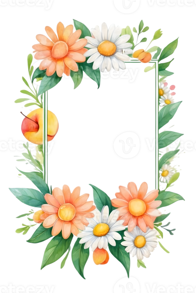 AI generated watercolor floral frame with daisies and green leaves on transparent background png