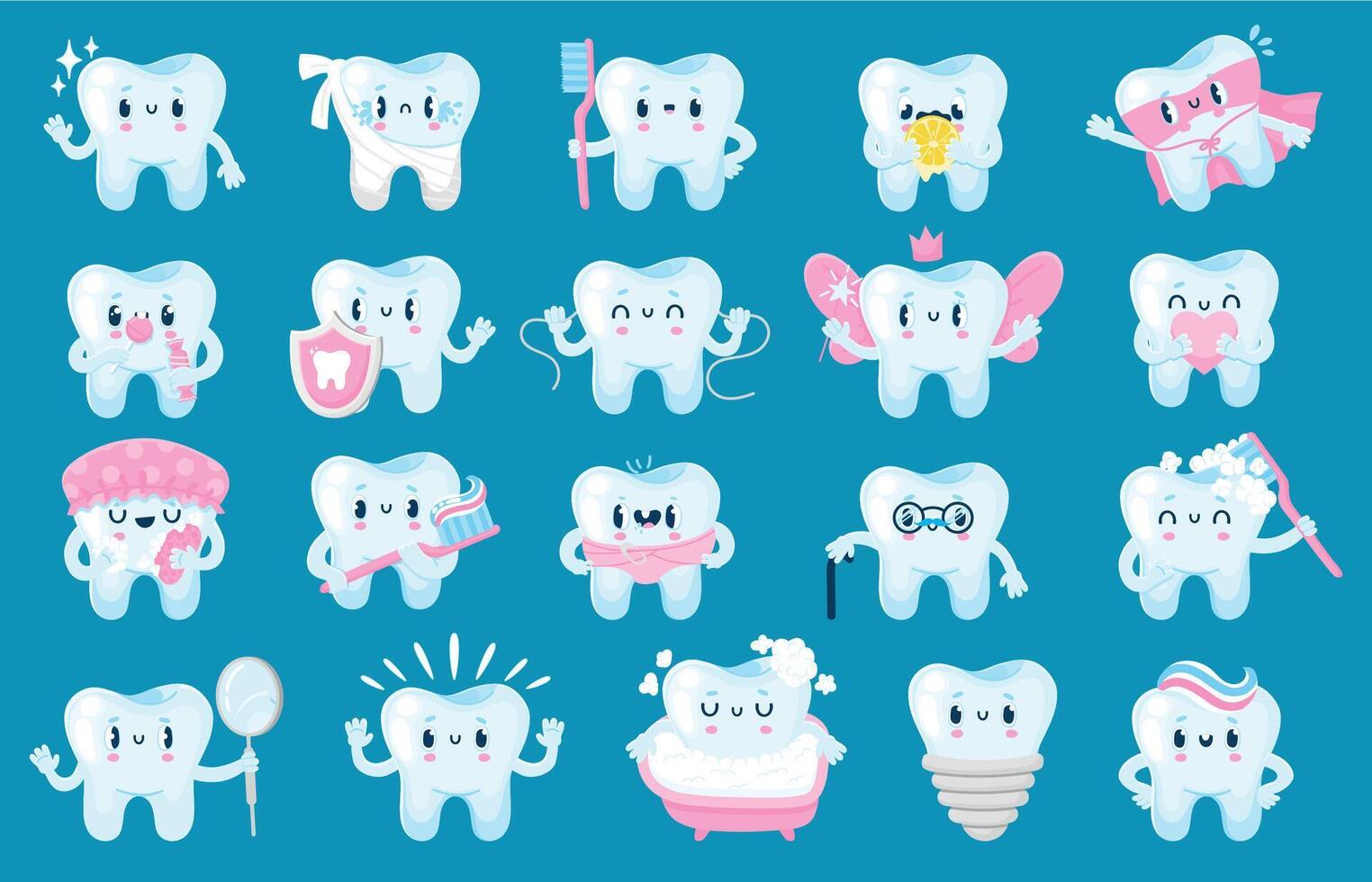 Teeth with face. Cartoon dental health and care fun characters, tooth mascot with happy face for dentistry posters and banners. Vector isolated set