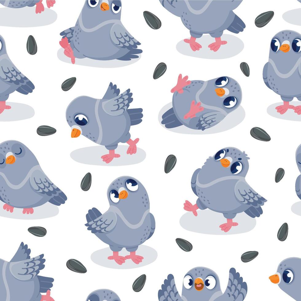 Pigeon pattern. Seamless print of cartoon colorful cute bird with funny face and emotions, group of mascot animals in motion. Vector texture