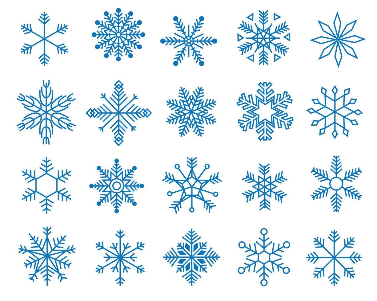 Doodle snowflakes. Variations of winter blue symmetrical snow flakes, geometric frozen crystal icons Christmas New year decoration. Vector collection