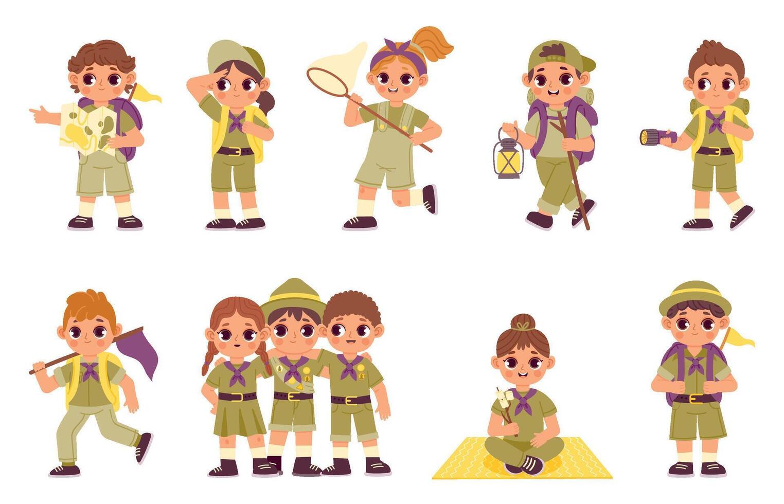 Kids in scout camp. Cartoon boys and girl in scout clothes make a fire and build tent in summer camp. Vector isolated set