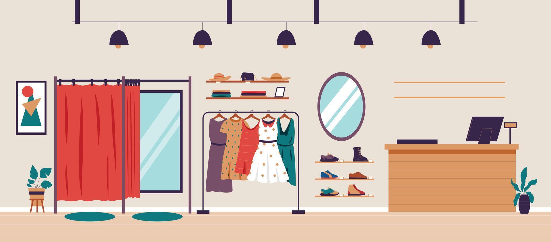 Showroom interior. Cartoon fashion boutique with women clothes and shoes, checkout and dressing room. Vector illustration