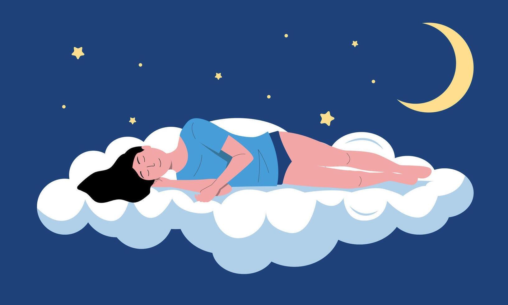 Sleeping person illustration. Cartoon sleeping and dreaming young girl flying in night sky, insomnia or sleep well concept. Vector sleeping woman character background