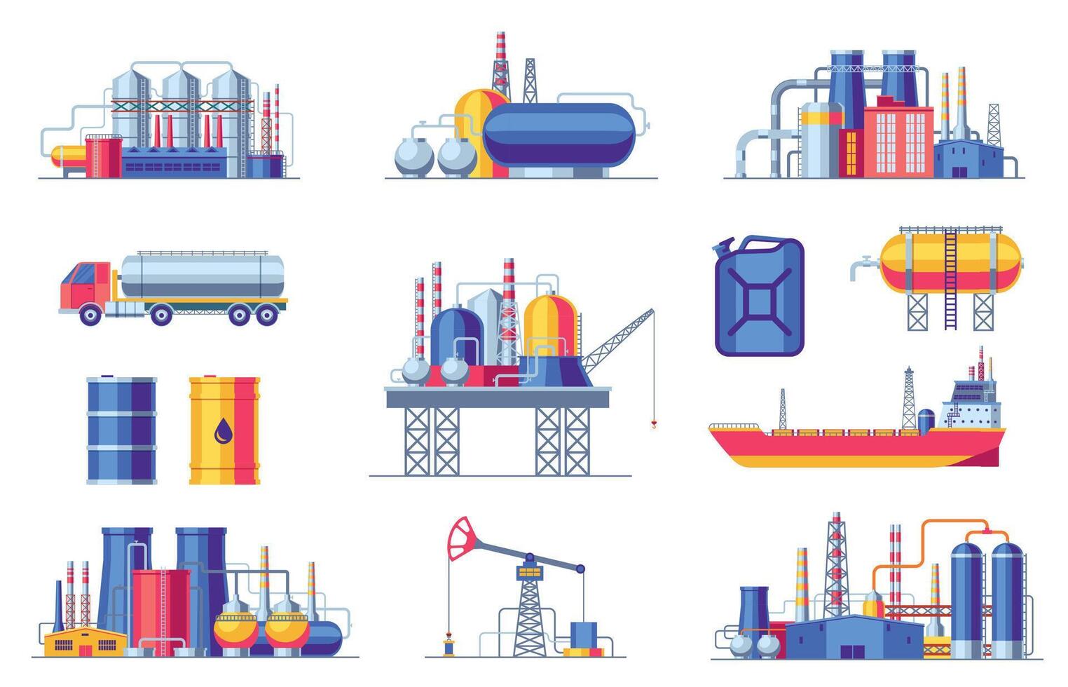 Oil extraction and production icons. Fuel gas industry constructions, petroleum barrel pipeline coal transportation symbols cartoon style. Vector isolated set