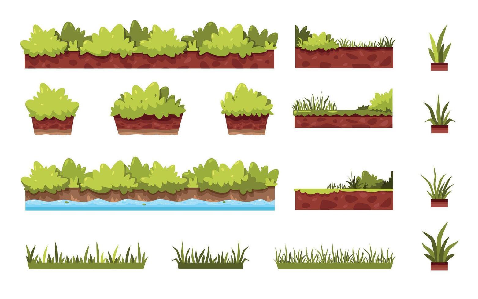 dibujos animados césped. juego activo de verde arbusto césped frontera floral ambiente, cómic cobertura hojas hierba elementos para ui juego de azar diseño. vector aislado conjunto