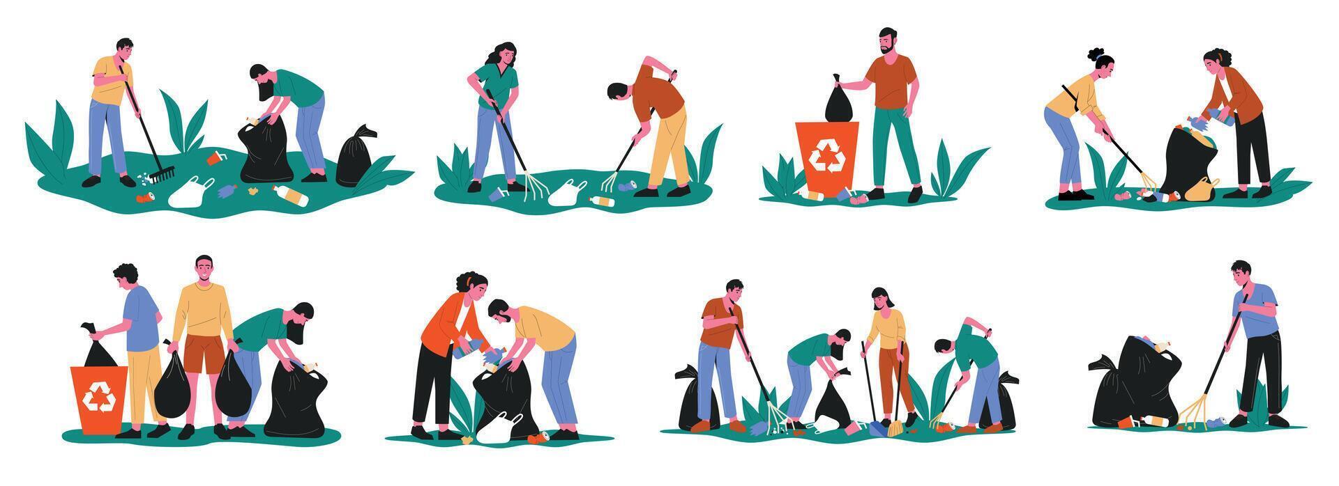 People collecting garbage. Cartoon volunteer characters cleaning up picking up litter rubbish, social humanitarian help concept. Vector isolated set