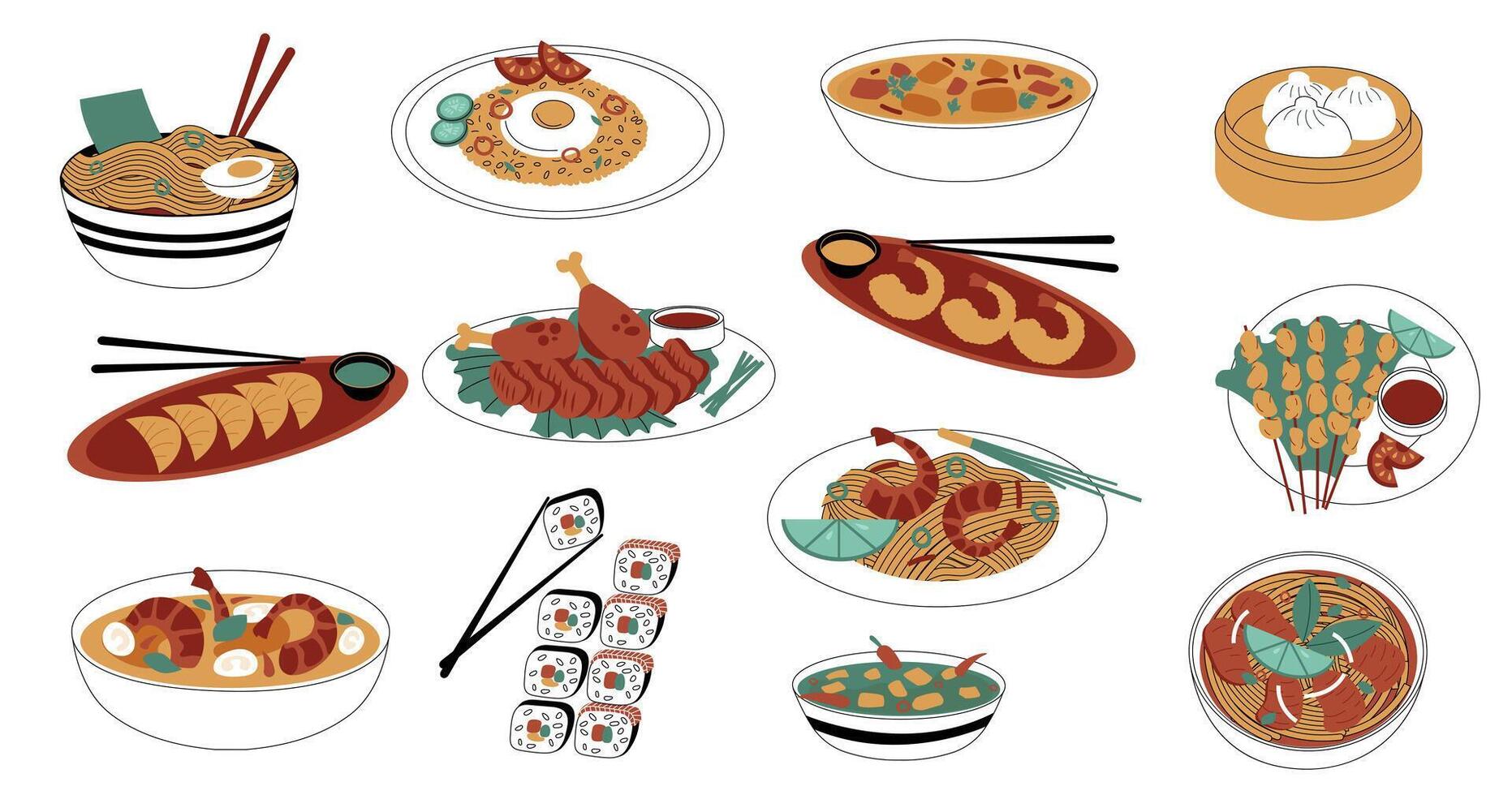 Asian food. Chinese Japanese and Korean national cuisine, bowls and plates with spicy food, sea fish, rice and sauces. Vector traditional eastern meal isolated doodle set